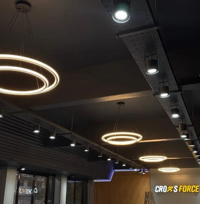 Techo negro del nuevo piso con lámparas circulares y luces dirigibles